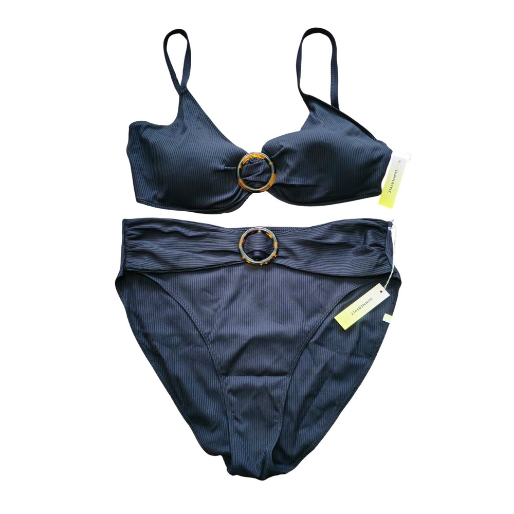 Summersalt Ribbed Wanderlust Bikini Swim Sea Urchin Black Tortoise Ring Size 20